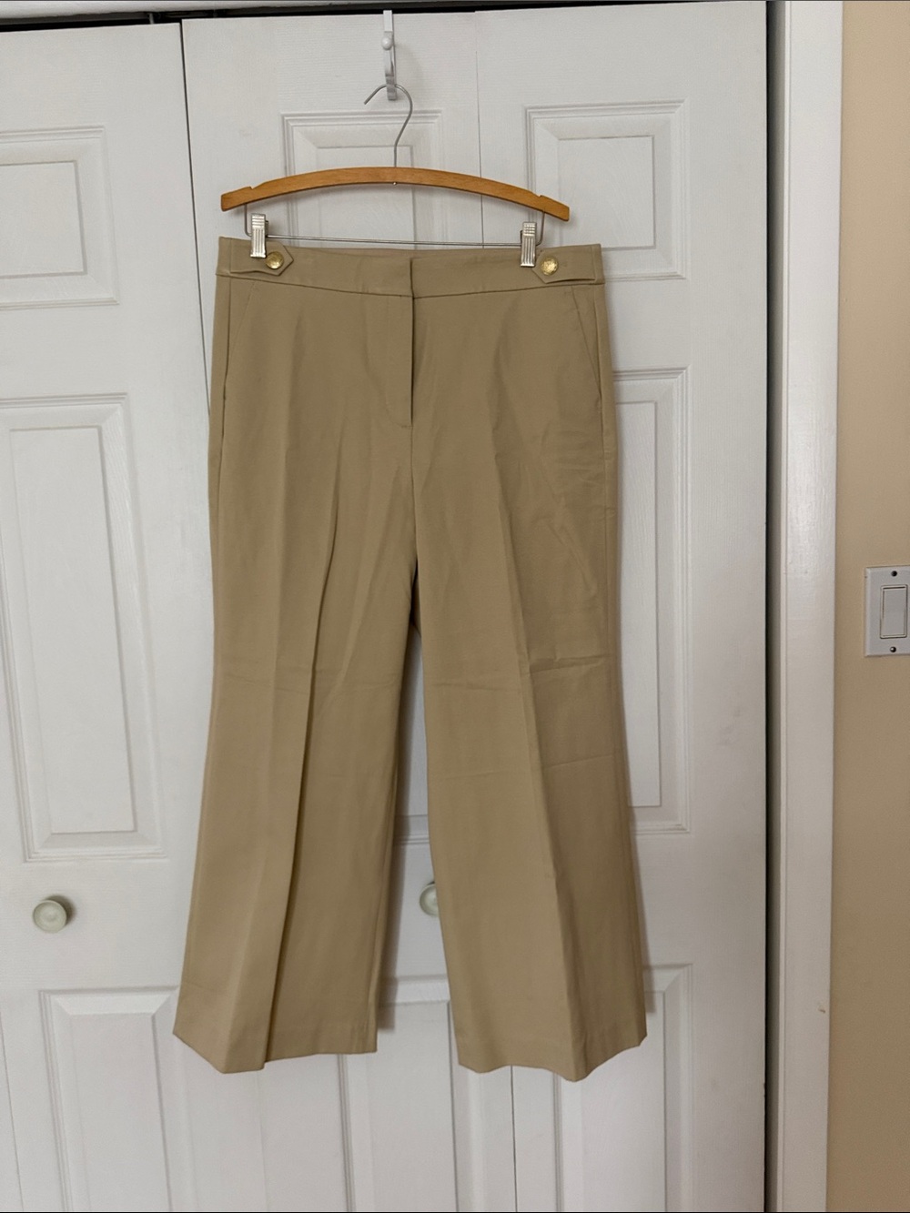 J. Crew Factory Tan Wide-Leg Crop Trousers with Gold Buttons